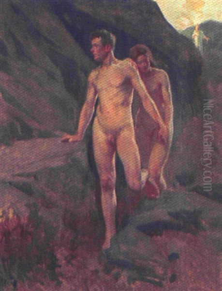 Landskab Med Nogen Mand Og Kvinde Oil Painting by Erik Ludwig Henningsen