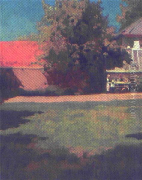 Sommerdag I Haven, I Baggrunden Personer Ved Havebordet Oil Painting by Erik Ludwig Henningsen