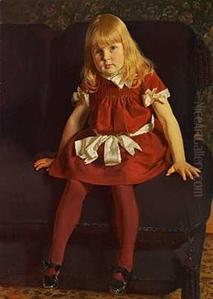 Portraett Af Knud Torben Oksen F. 20. Okt. 1880 (+ Portraett Af Lillesosteren Ebba Oksen F. 23. Dec. 1884; Pair) Oil Painting by Frants Peter Didrik Henningsen