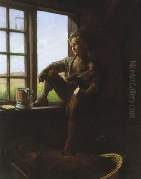 Lille Dreng Siddende Ved Et Vindue, Pa Gulvet Vugge Med Barn Oil Painting by Frants Peter Didrik Henningsen