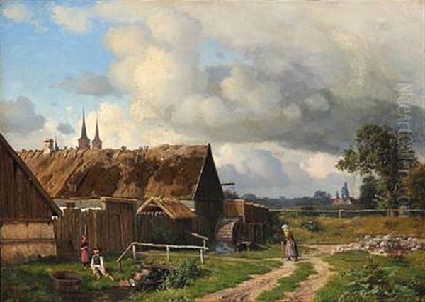 Children Playing Behind The Farm. In The Background Roskilde Cathedral Oil Painting by Carsten Henrichsen