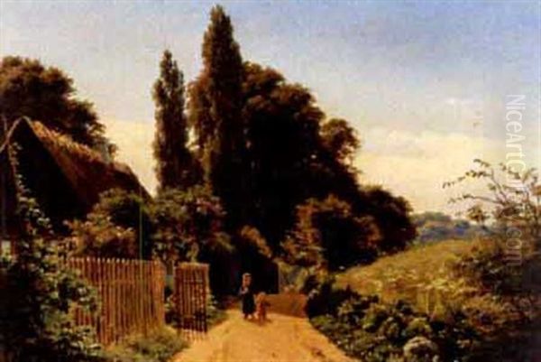 Siblings On Sunlit Roadway Oil Painting by Carsten Henrichsen