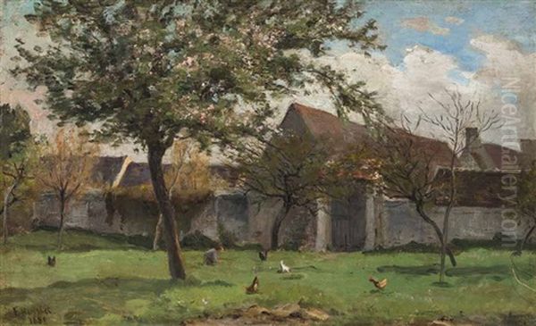 Fruhlingswiese Vor Einem Bauerngehoft Mit Huhnern Und Einem Bluhenden Obstbaum Oil Painting by Frederic Henriet