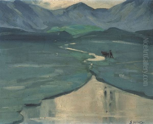 Winding River With Horse And Figure And Mountains Beyond Oil Painting by Grace Henry