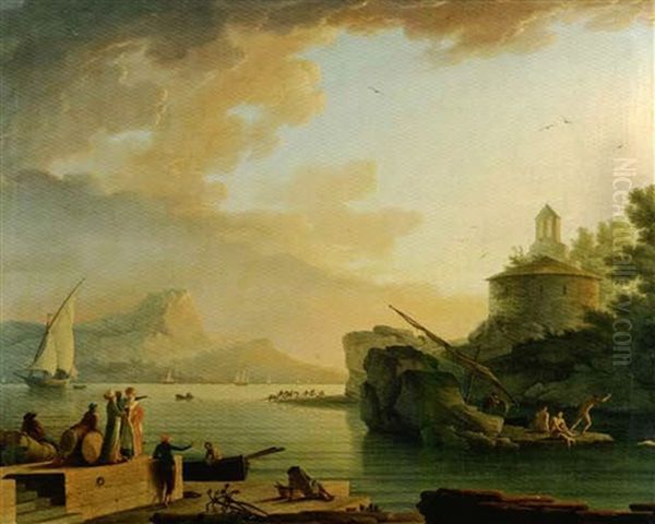 Voilier A L'entree D'un Port Avec Des Pecheurs (+ Bord De Mer; 2 Works) Oil Painting by Jean d'Arles Henry