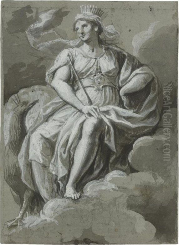 Juno Seated In The Clouds, A Peacock By Her Side Oil Painting by Carlo Alberto Baratta