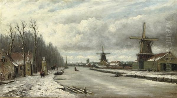 Strolling Along A Frozen River Oil Painting by Johannes Jacobus (Jan) Heppener