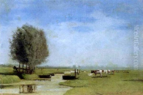 Flusslandschaft Mit Weidenden Kuhen Oil Painting by Johannes Jacobus (Jan) Heppener