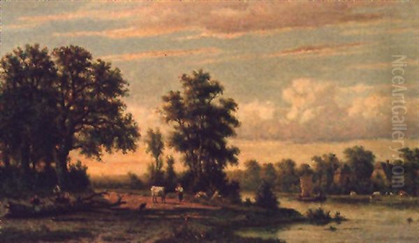 A Tranquil River Landscape Oil Painting by Johannes Jacobus (Jan) Heppener