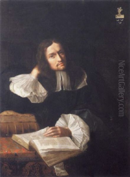 Homme De Qualite Assis A Sa Table De Travail La Main Gauche Posee Sur Un Livre Ouvert Oil Painting by Magdelene Herault-Coypel