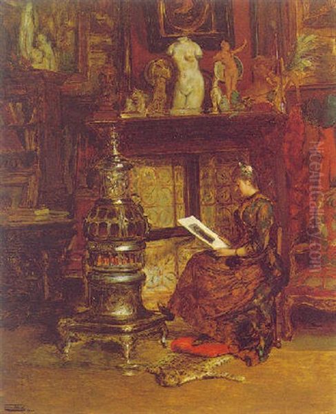 A Beauty In An Interior Oil Painting by Leon Herbo