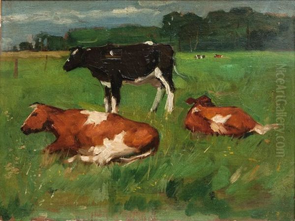 Cows On A Meadow Oil Painting by Thomas Ludwig Herbst