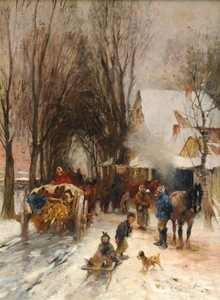 Busy Winterly Village Street Oil Painting by Thomas Ludwig Herbst