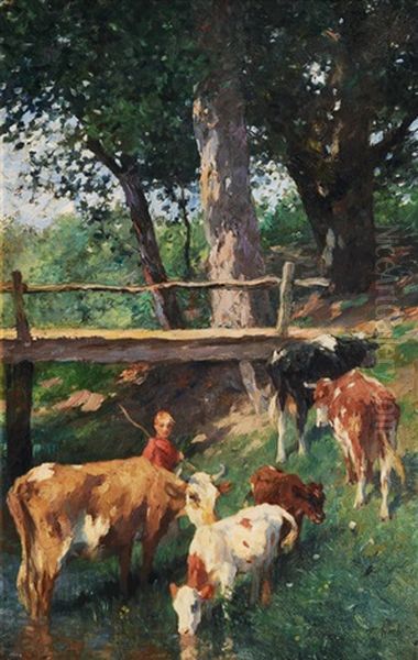 Cows By The Creek Oil Painting by Thomas Ludwig Herbst
