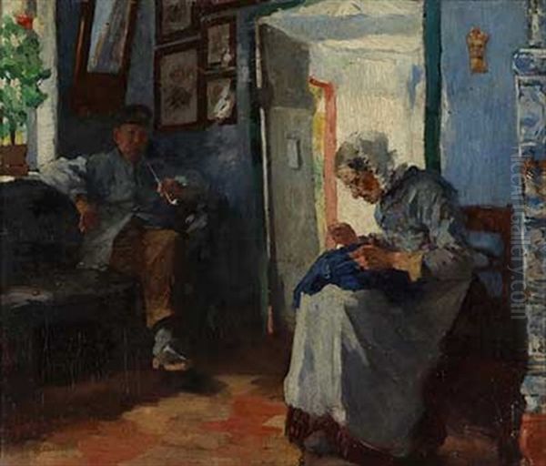 Zweisamkeit - Interieur Mit Friesischem Paar Oil Painting by Thomas Ludwig Herbst