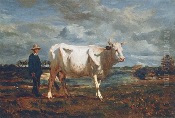 Man With A White Cow Oil Painting by Thomas Ludwig Herbst