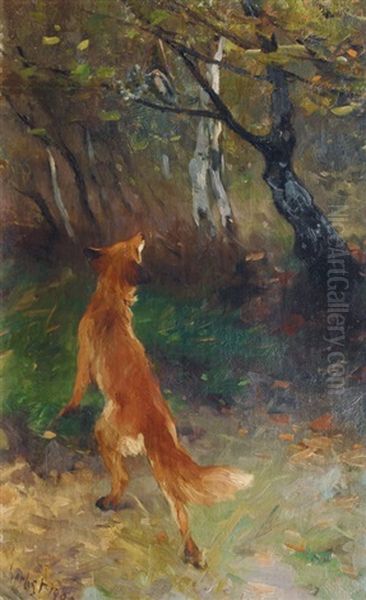 Fox Watching A Bird Oil Painting by Thomas Ludwig Herbst