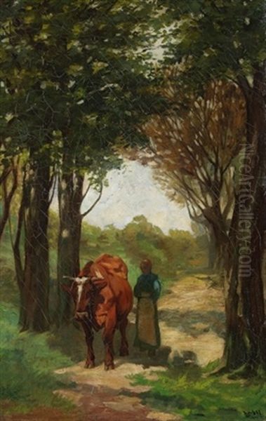 Kuhhirtin Auf Einem Waldweg Oil Painting by Thomas Ludwig Herbst