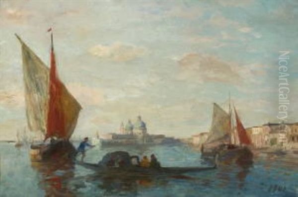 Venedig - Gondel Und Fischerboote Vor S. Maria Della Salute Oil Painting by Thomas Ludwig Herbst