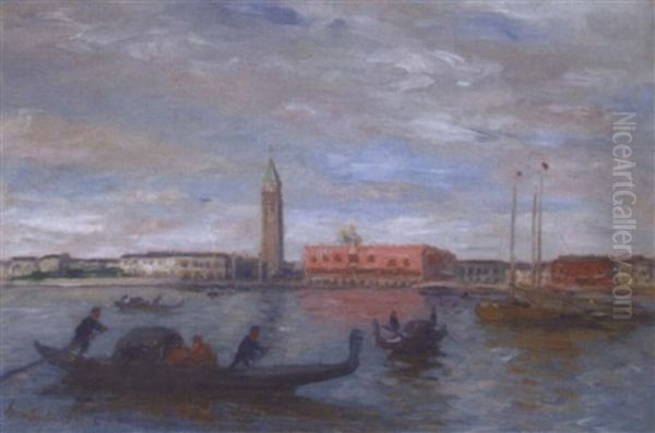 Gondolas Before The Dogana, Venice Oil Painting by Thomas Ludwig Herbst