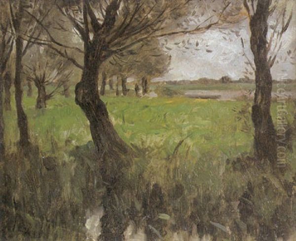 Flusaue Mit Knuppelweiden Bei Hamburg Oil Painting by Thomas Ludwig Herbst