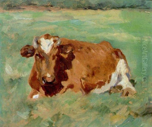 A Resting Cow Oil Painting by Thomas Ludwig Herbst