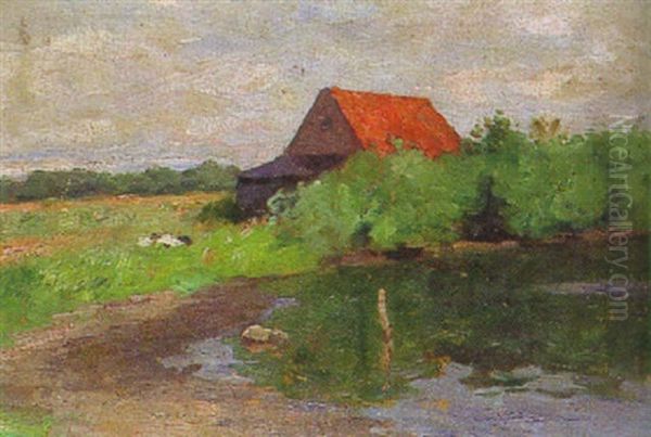 Haus Mit Rotem Dach An Einem Weiher Oil Painting by Thomas Ludwig Herbst