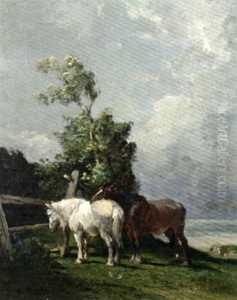 Chevaux En Bord De Mer Oil Painting by Jules Hereau