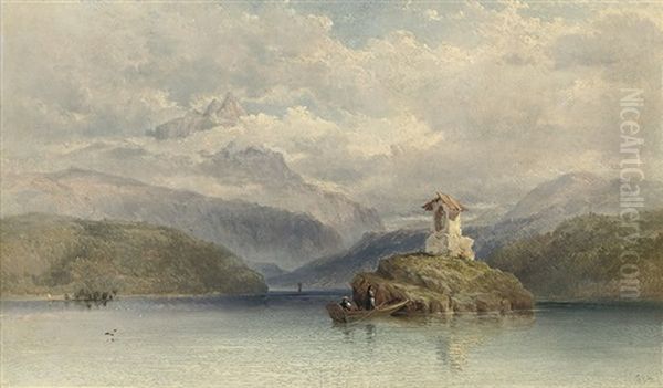 Visiting The Shrine, Possibly Lake Lugano Oil Painting by George Edwards Hering