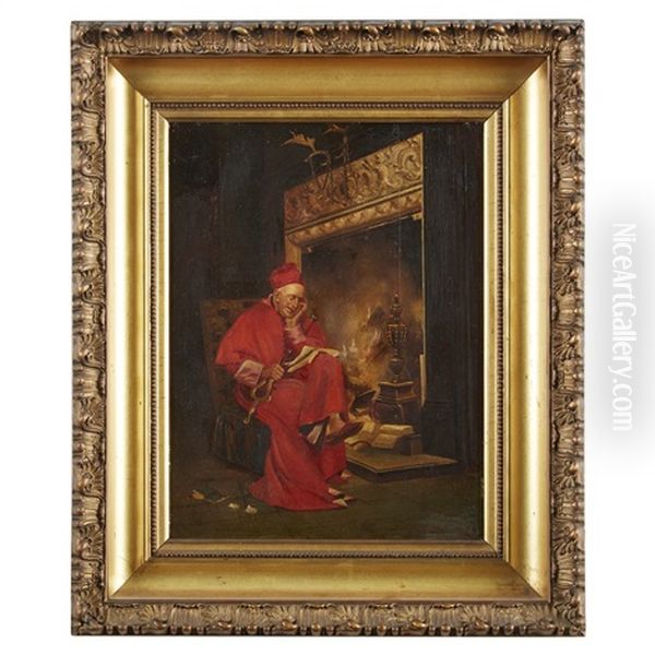 Seated Cardinal By The Fireplace Oil Painting by Leo Hermann