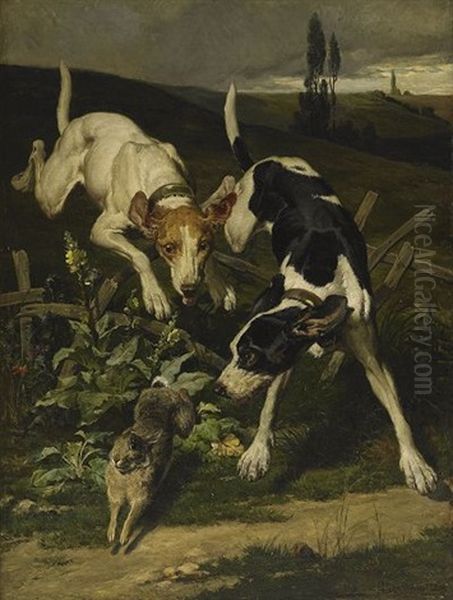 Deux Chiens Poursuivant Un Lapin Oil Painting by Leon Charles Hermann