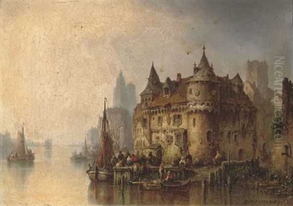 A Riverside Town Oil Painting by Ludwig Hermann