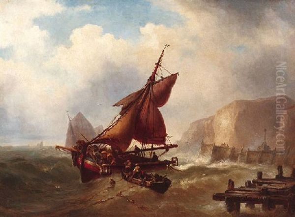 Fischerboot In Sturmsicher See An Der Mole Oil Painting by Ludwig Hermann