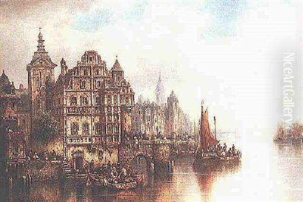 A Town Harbor With Figures On A Quay Oil Painting by Ludwig Hermann