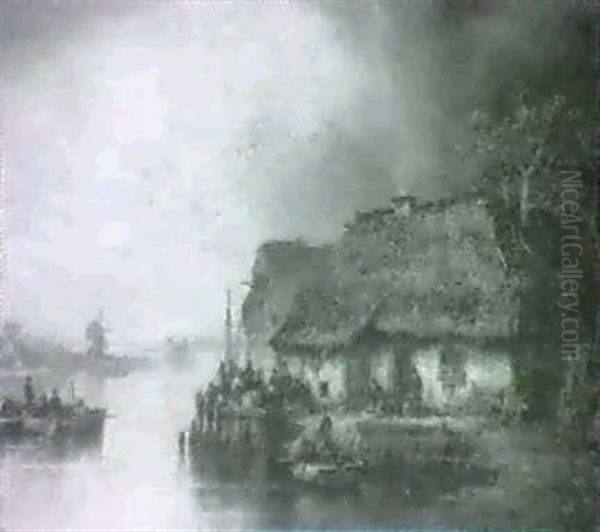 Riverside Cottages Oil Painting by Ludwig Hermann