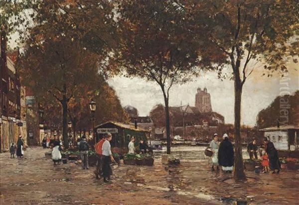 Market Day In Dordrecht Oil Painting by Heinrich Hermanns