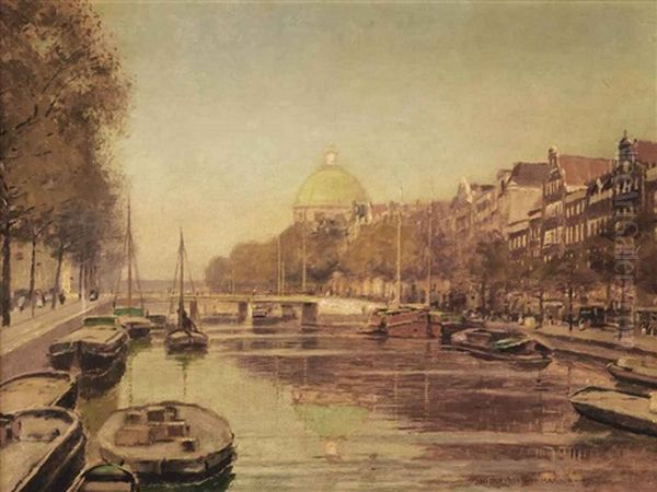 A View Of The Singel With The Koepelkerk Beyond, Amsterdam Oil Painting by Heinrich Hermanns