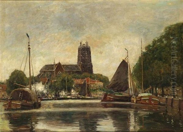 Moored Boats In The Harbour Of Dordrecht Oil Painting by Heinrich Hermanns