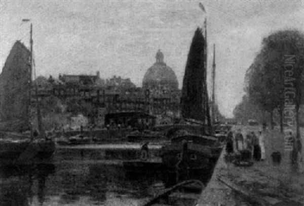 Gracht In Amsterdam Oil Painting by Heinrich Hermanns