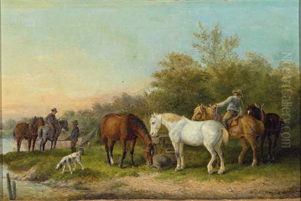 Sechs Pferde An Der Tranke Am Flussufer In Abendlicher Sommerlandschaft Oil Painting by Josef Hermannstoerfer