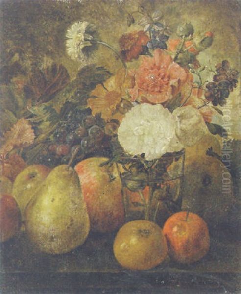 Roses, Carnations And Other Flowers In A Glass Vase With Grapes, Pears And Apples On A Stone Ledge Oil Painting by Louis Hermans