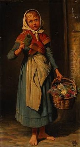 A Little Flower Girl Oil Painting by Olaf August Hermansen