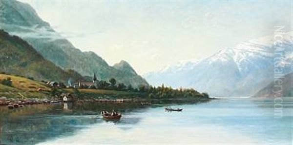 Rowing Boats On Hardanger Fjord In Norway With Snowy Mountains In The Background Oil Painting by Olaf August Hermansen