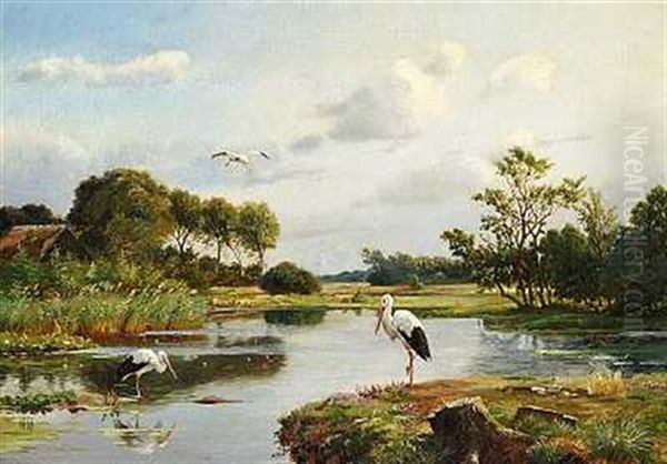 Sommerdag Med Storke Ved En So Oil Painting by Olaf August Hermansen