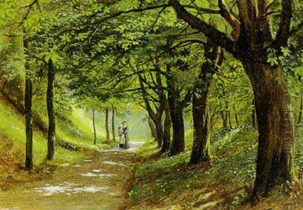 Mor Og Datter Pa En Skovsti (kirsebaergangen?) Oil Painting by Olaf August Hermansen