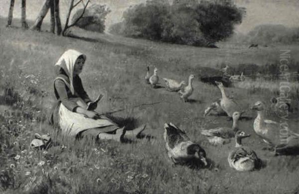 Lille Pige Der Vogter Gaes Oil Painting by Olaf August Hermansen