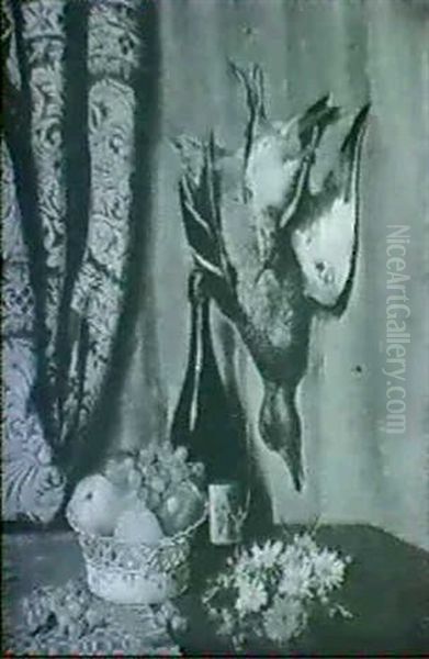 Opstilling Med Ophaengt Fuglevildt, Frugter I En Skal,      Champagne Og Frugter Pa Et Bord Oil Painting by Olaf August Hermansen