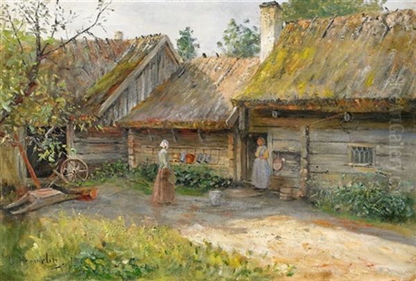 Gardsinterior Med Samtalande Kvinnor Oil Painting by Olof Hermelin