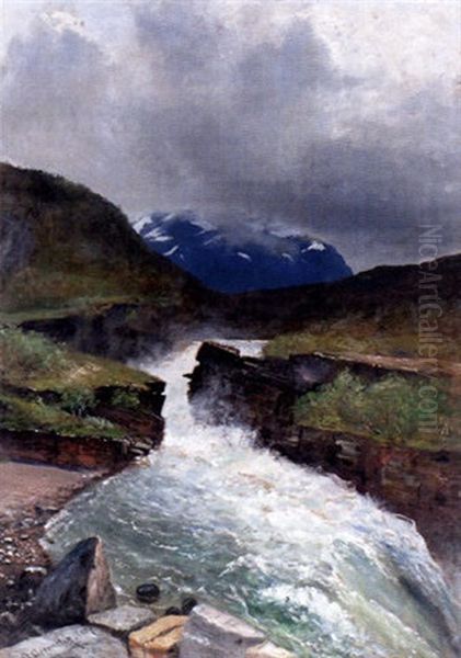 Brusande Vattenfall Oil Painting by Olof Hermelin