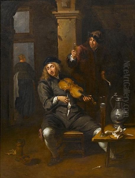 An Interior With A Young Man Playing A Violin And Another Raising A Glass Of Wine Oil Painting by Willem van, the Elder Herp